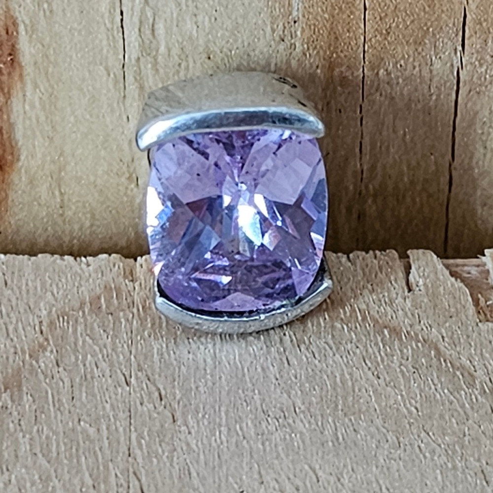Purple Cushion Cut Faceted Stone Silver Tone Filigree Slide Charm Pendant